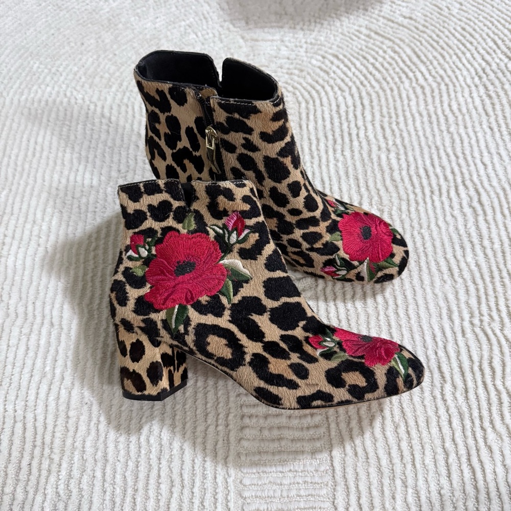 Kate Spade Leopard Print Ankle Boots with Red Floral Design
